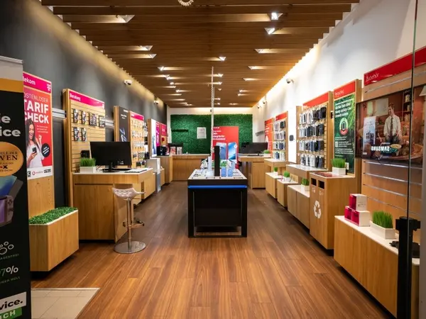 Moderner Telekommunikationsshop mit Smartphones, Zubehör und Beratungstheken im Laden.