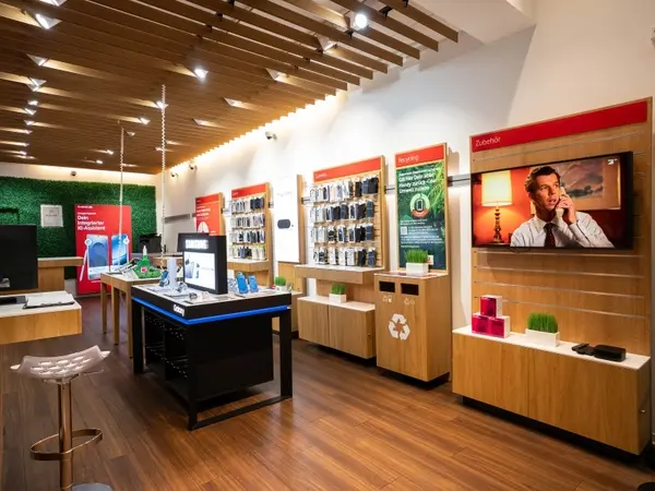 Modernes Elektronikgeschäft mit Smartphones, Zubehör, Recyclingstation und Infodisplay.