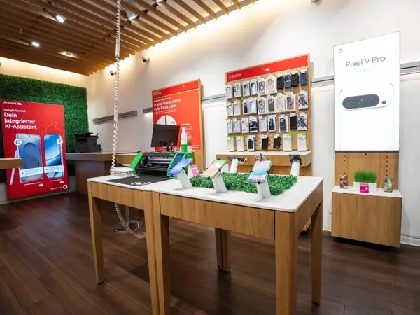 Modernes Elektronikgeschäft mit ausgestellten Smartphones, Zubehörwand und Pixel 9 Pro Werbung.