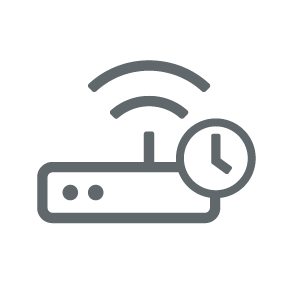 Symbol eines WLAN-Routers mit Uhr, das Internetverbindung und Zeitmanagement darstellt.