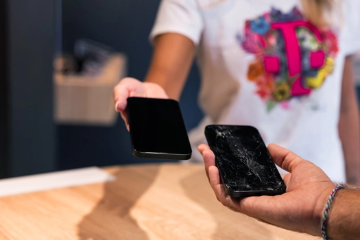Austausch eines kaputten Smartphones gegen ein neues im Handyshop