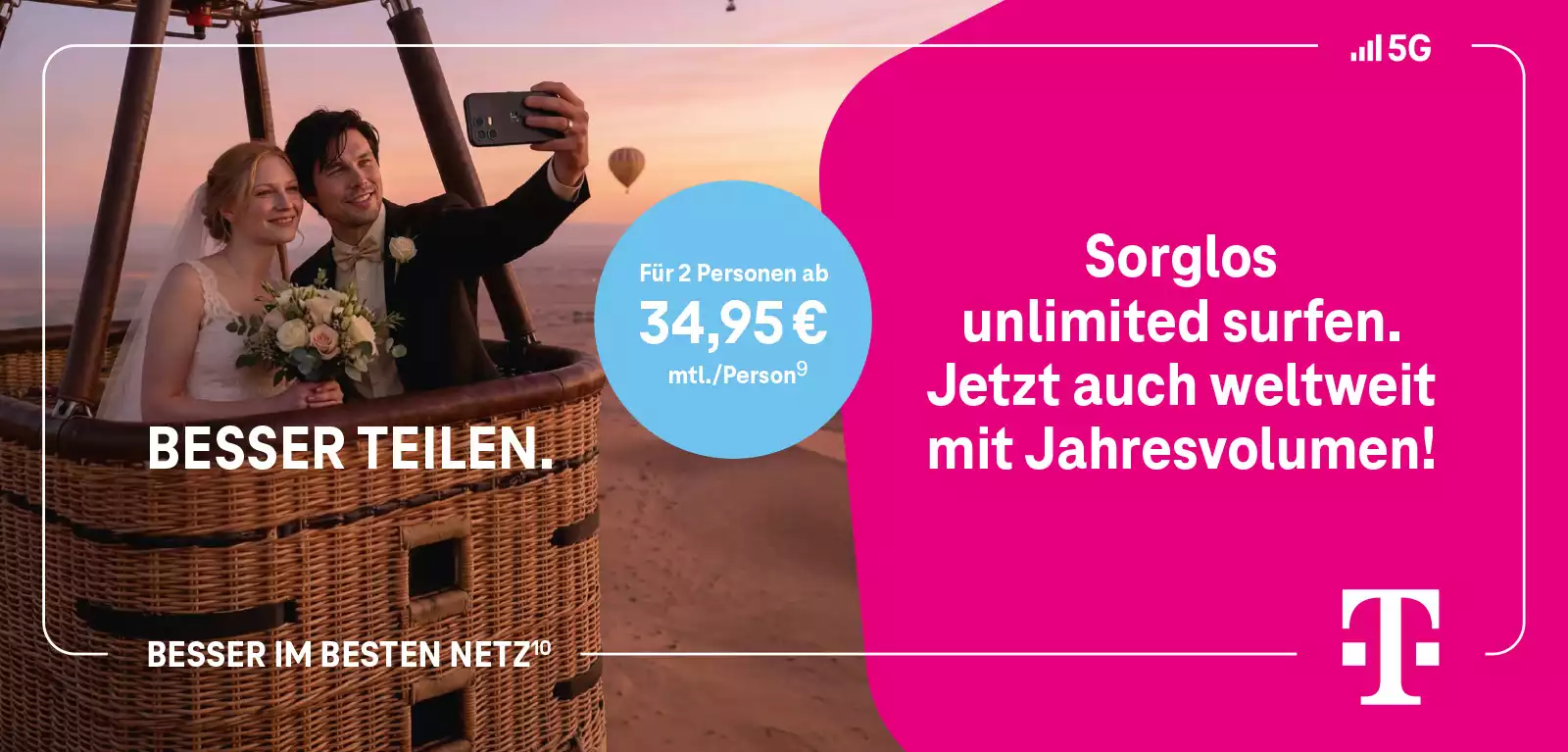 Brautpaar macht Selfie im Heißluftballon, Werbung für Telekom 5G unlimited surfen weltweit.