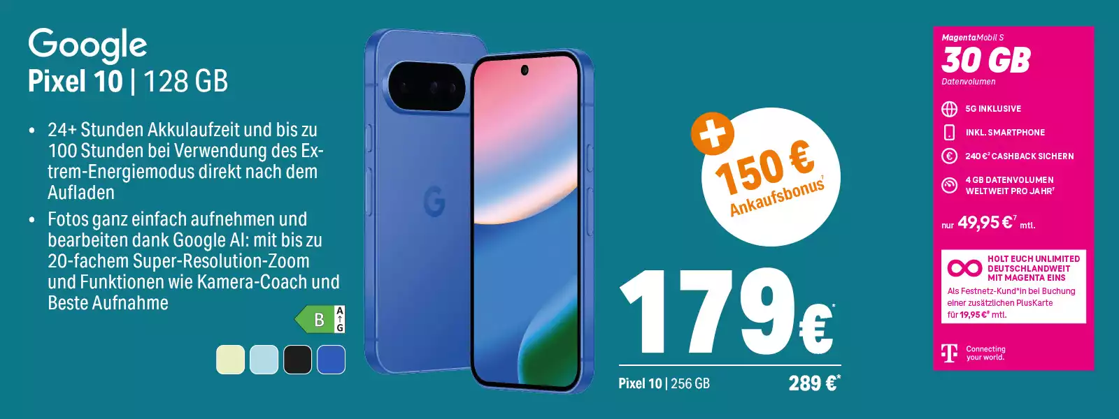 Werbung für Google Pixel 10 Smartphone mit 128 GB, 30 GB 5G-Tarif und Ankaufsbonus.