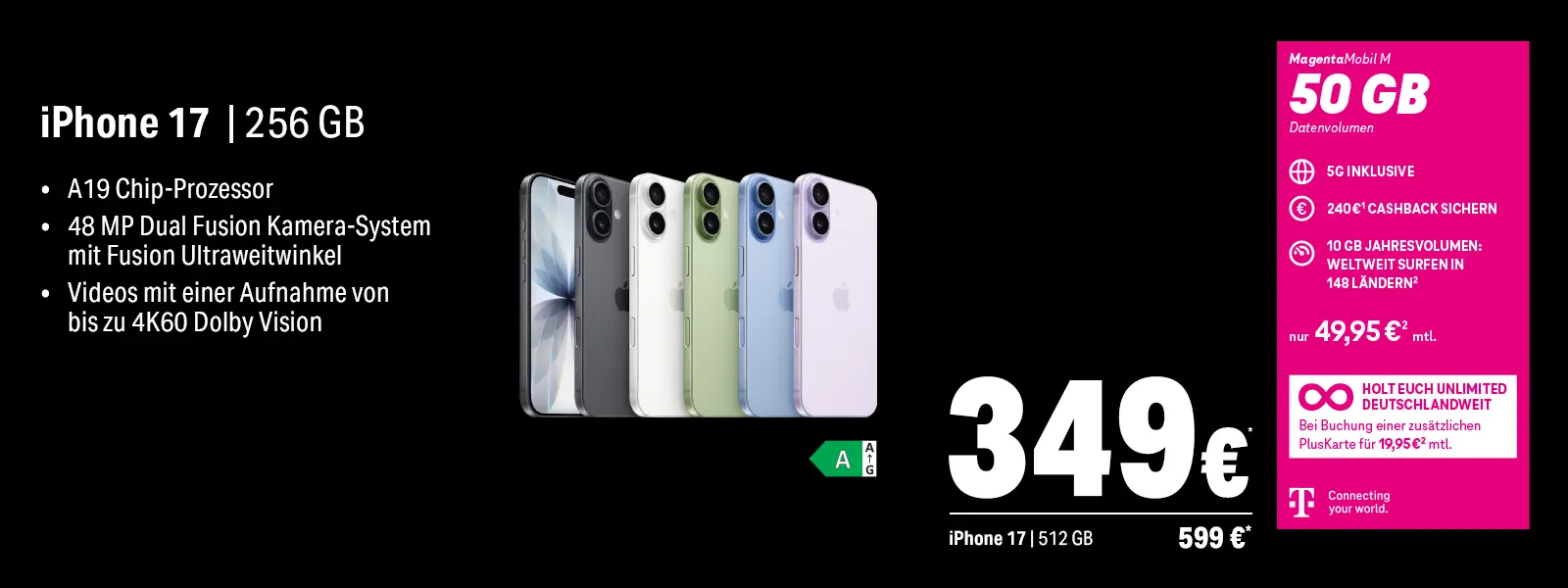 Werbeanzeige iPhone 17 256 GB mit A19 Chip, 48 MP Kamera und 5G Tarif.