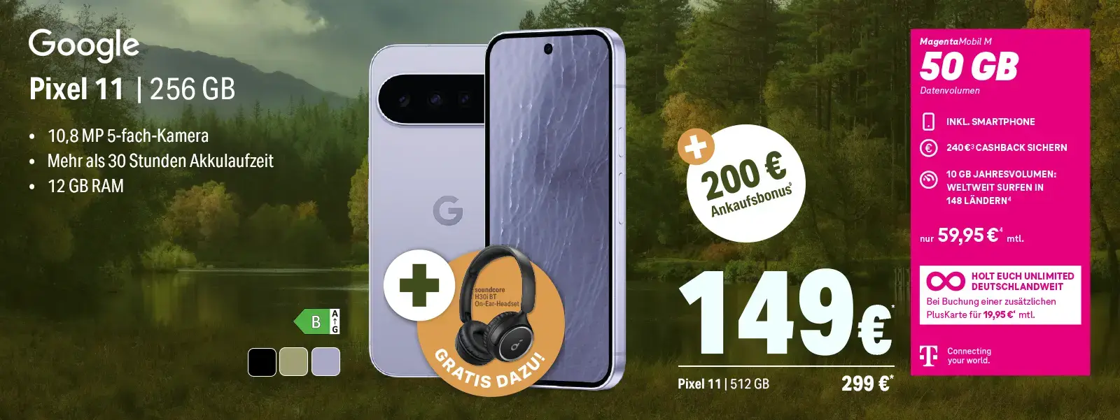 Werbebanner: Google Pixel 11 Smartphone mit Tarif, Datenvolumen und Bonusaktion