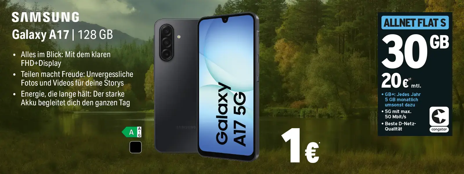 Werbebanner: Samsung Galaxy A17 5G 128 GB mit Allnet Flat S 30 GB Tarif