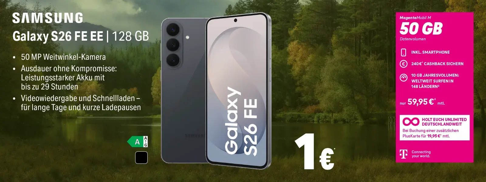 Werbebanner: Samsung Galaxy S26 FE 128 GB Smartphone mit Tarif und 50 GB Datenvolumen