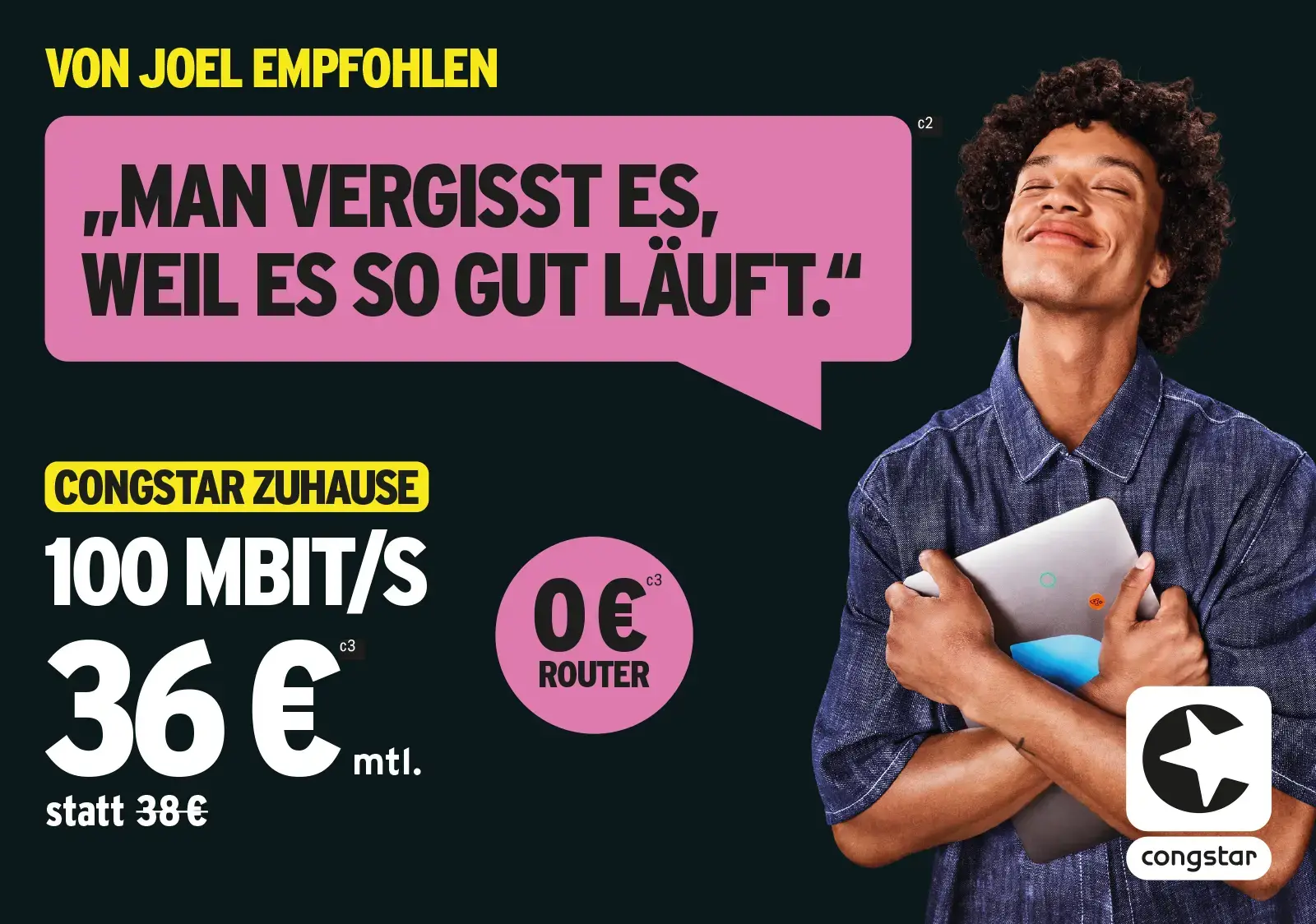 Congstar Zuhause Internet: Mann umarmt Router, Sprechblase „Man vergisst es“