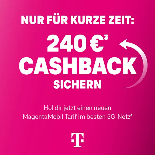MagentaWerbung für Cashback-Aktion beim Abschluss eines neuen MagentaMobil 5G-Tarifs.